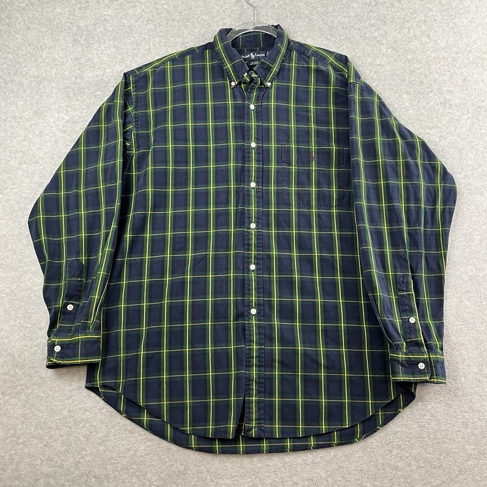 Polo Ralph Lauren Shirt Mens XL Blaire Blue Green Tartan Plaid Twill Flannel